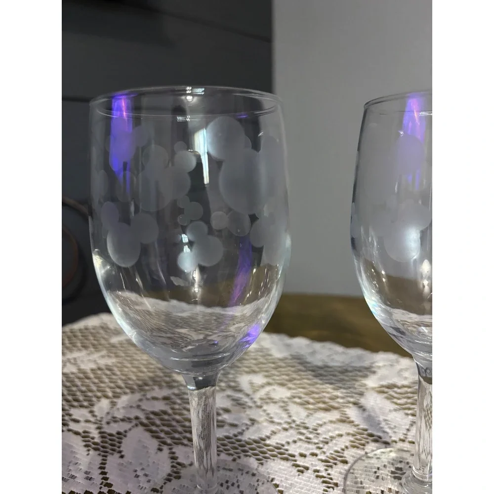 Disney Mickey Mouse Etched Wine Glass Set of 2 Clear Frosted Stemmed Glassware